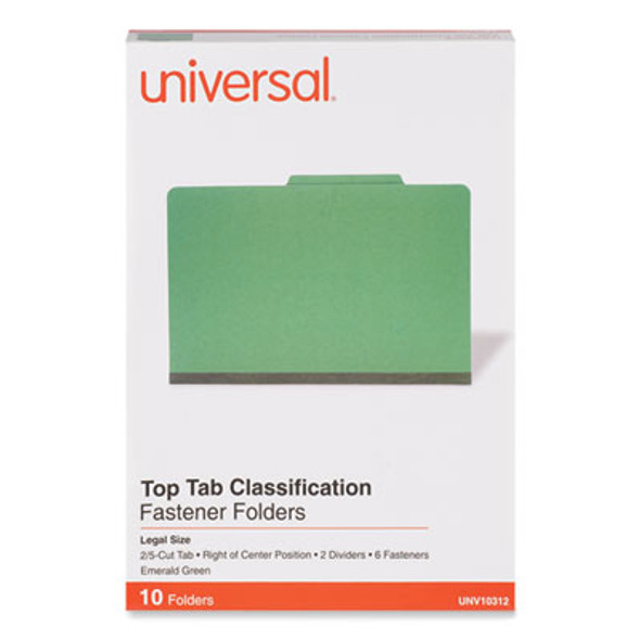 Pressboard Classification Folders, 2/5-Cut Tab, Expands 2", 2 Dividers, 6 Fasteners, Legal Size, Emerald Green, 10/Box