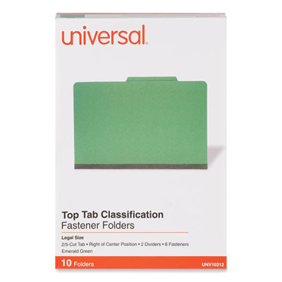 Pressboard Classification Folders, 2/5-Cut Tab, Expands 2", 2 Dividers, 6 Fasteners, Legal Size, Emerald Green, 10/Box