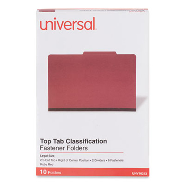 Pressboard Classification Folders, 2/5-Cut Tab, Expands 2", 2 Dividers, 6 Fasteners, Legal Size, Ruby Red, 10/Box