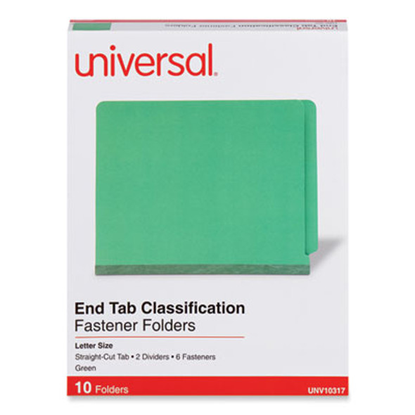 Deluxe Pressboard End Tab Classification Folders, Expands 2", 2 Dividers, 6 Fasteners, Letter Size, Green, 10/Box