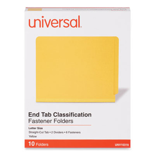 Deluxe Pressboard End Tab Classification Folders, Expands 2", 2 Dividers, 6 Fasteners, Letter Size, Yellow, 10/Box
