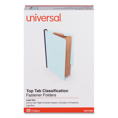 Heavy-Duty Pressboard Classification Folders, 2/5 Tab: Right Of Center, 2 Divider, 6 Fastener, Legal Size, Light Blue, 20/Box
