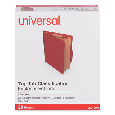 Heavy-Duty Pressboard Classification Folders, 2/5 Tab: Assorted, 2 Dividers, 6 Fasteners, Letter Size, Brick Red, 20/Box