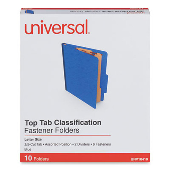 Six-Section Pressboard Classification Folders, 2.5" Expansion, 2 Dividers, 6 Fasteners, Letter Size, Blue, 10/Box