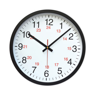 24-Hour Round Wall Clock, 12.63" Overall Diameter, Black Case, 1 Aa (Sold Separately)