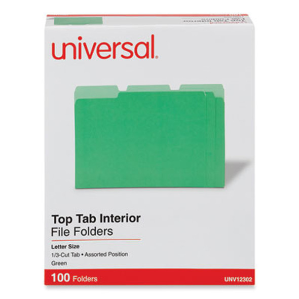 Interior File Folders, 1/3-Cut Tabs: Assorted, Letter Size, 11-Pt Stock, Green, 100/Box