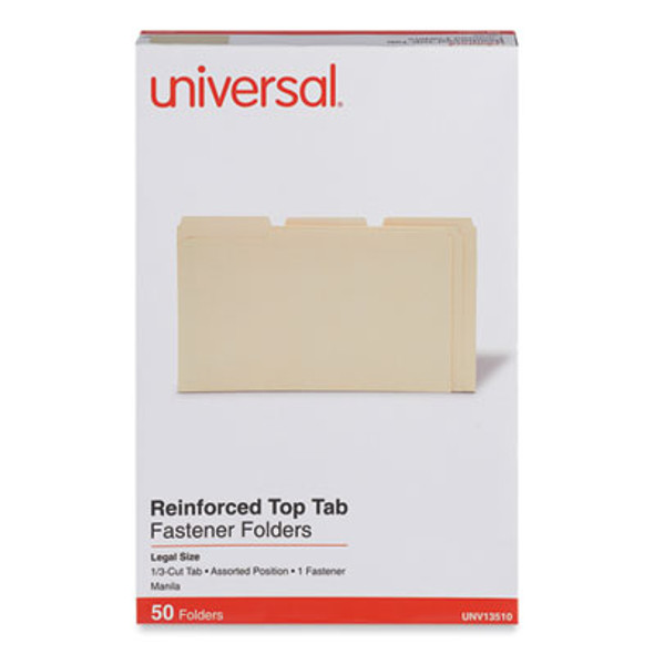 Reinforced Top Tab Fastener Folders, 1/3-Cut Tab: Assorted, Expands 0.75", 1 Fastener, Legal Size, Manila, 50/Box