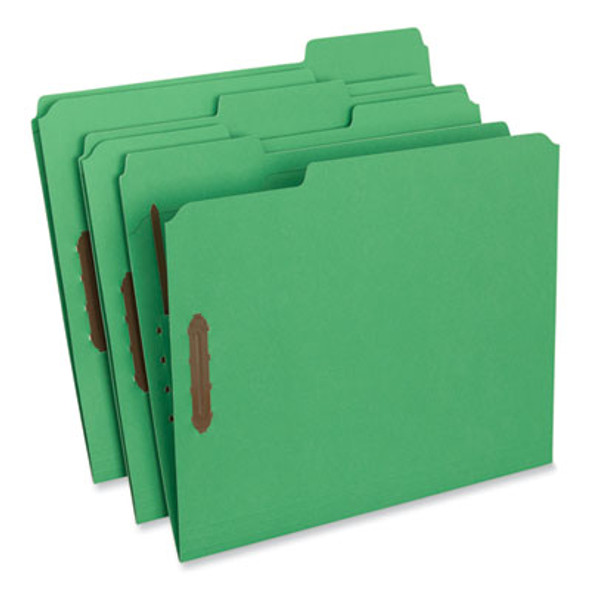 Deluxe Reinforced Top Tab Fastener Folders, 1/3-Cut Tab: Assorted, Expands 0.75", 2 Fasteners, Letter Size, Green, 50/Box