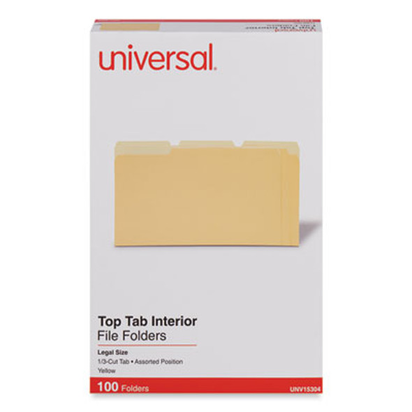 Interior File Folders, 1/3-Cut Tabs: Assorted, Legal Size, 11-Pt Stock, Yellow, 100/Box