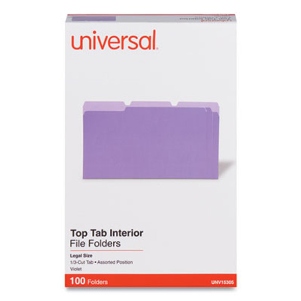 Interior File Folders, 1/3-Cut Tabs: Assorted, Legal Size, 11-Pt Stock, Violet, 100/Box