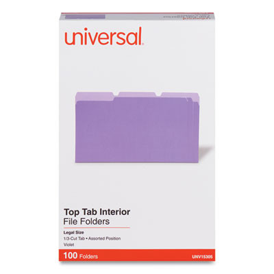 Interior File Folders, 1/3-Cut Tabs: Assorted, Legal Size, 11-Pt Stock, Violet, 100/Box