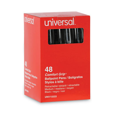 Comfort Grip Ballpoint Pen, Retractable, Medium 1 Mm, Black Ink, Clear/Black Barrel, 48/Pack