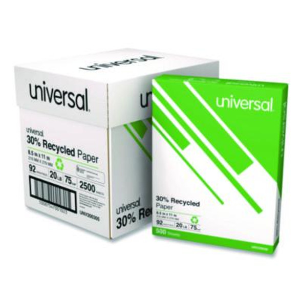 30% Recycled Copy Paper, 92 Bright, 20 Lb Bond Weight, 8.5 x 11, White, 500 Sheets/Ream, 5 Reams/Carton