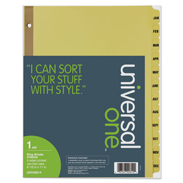 Deluxe Preprinted Plastic Coated Tab Dividers With Black Printing, 12-Tab, Jan. To Dec., 11 X 8.5, Buff, 1 Set