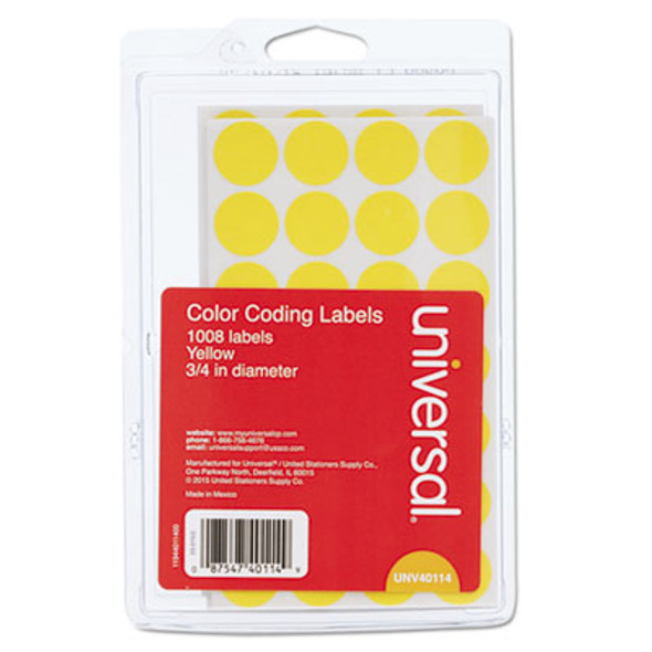 Self-Adhesive Removable Color-Coding Labels, 0.75" Dia, Yellow, 28/Sheet, 36 Sheets/Pack