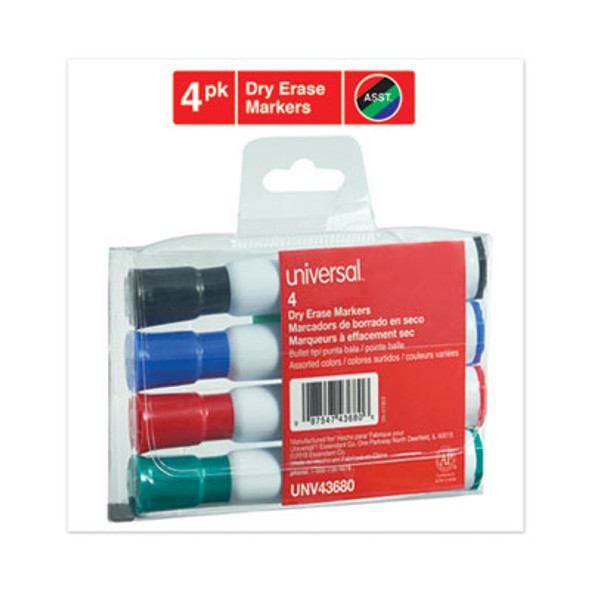 Dry Erase Marker, Medium Bullet Tip, Assorted Colors, 4/Set