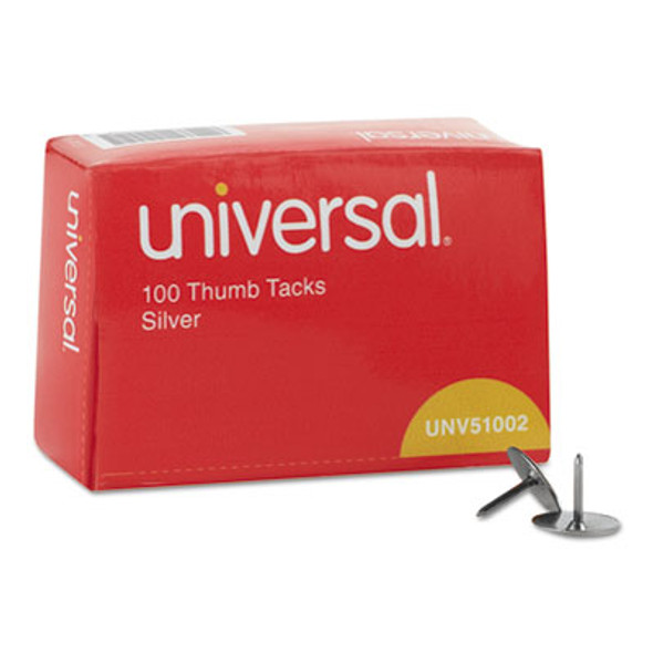 Thumb Tacks, Steel, Silver, 0.31", 100/Box