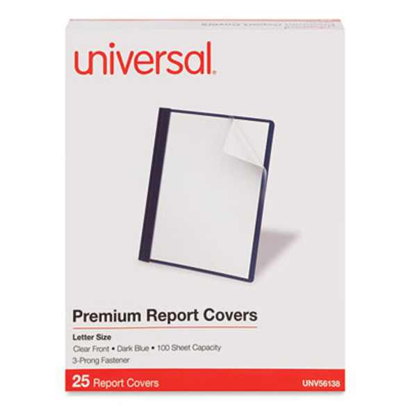 Clear Front Report Covers With Fasteners, Three-Prong Fastener, 0.5" Capacity, 8.5 x 11, Clear/Dark Blue, 25/Box