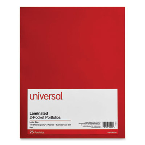 Laminated Two-Pocket Folder, Cardboard Paper, 100-Sheet Capacity, 11 X 8.5, Red, 25/Box