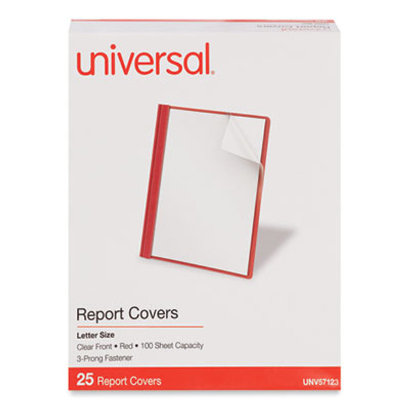Clear Front Report Cover, Prong Fastener, 0.5" Capacity, 8.5 X 11, Clear/Red, 25/Box