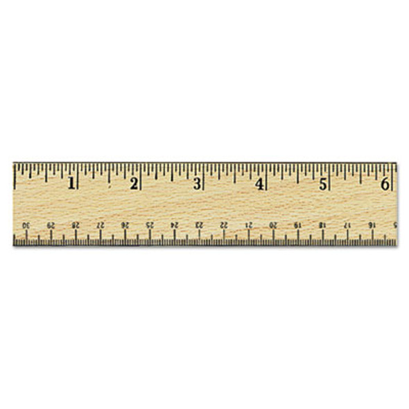 Flat Wood Ruler W/Double Metal Edge, Standard, 12" Long, Clear Lacquer Finish