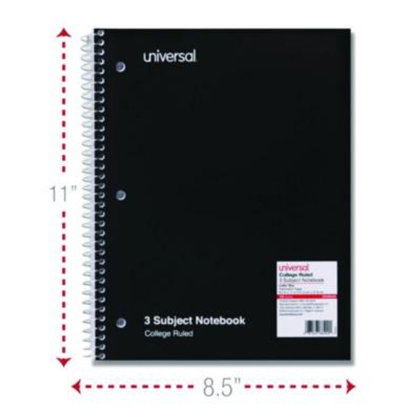 Wirebound Notebook, 3-Subject, Medium/College Rule, Black Cover, (120) 11 x 8.5 Sheets
