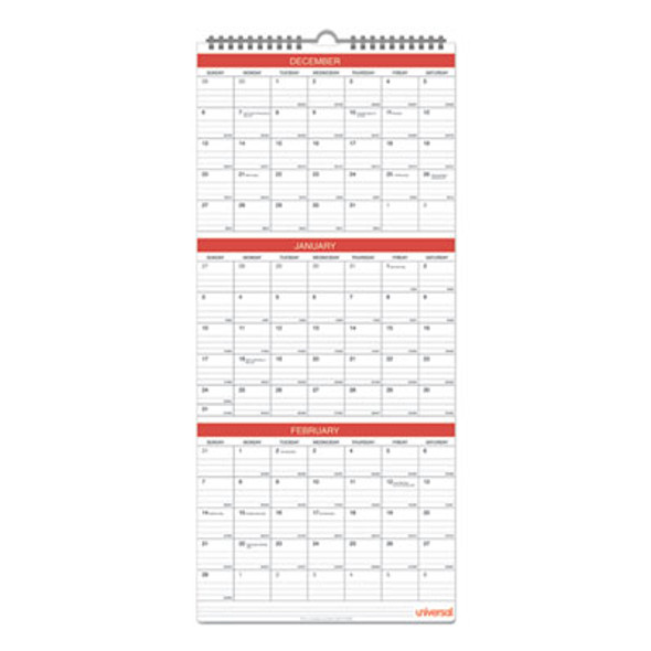 Three-Month Wall Calendar, 12 x 27, White/Red Sheets, 14-Month: Dec 2025 To Jan 2027
