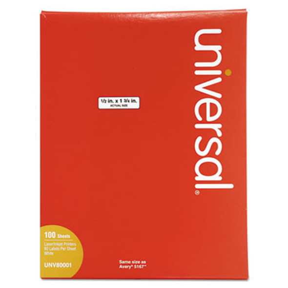 White Labels, Inkjet/Laser Printers, 0.5 X 1.75, White, 80/Sheet, 100 Sheets/Box