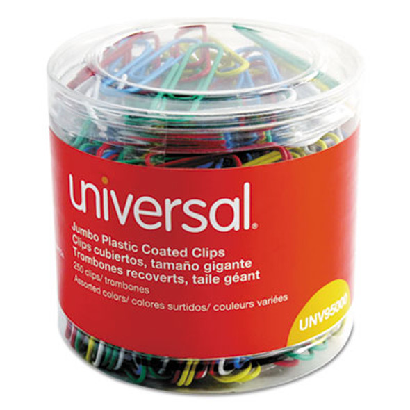 Plastic-Coated Paper Clips With One-Compartment Dispenser Tub, Jumbo, Assorted Colors, 250/Pack