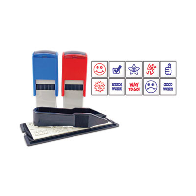 Printy 10-In-1 Self-Inking Teacher Stamp, Incudes 10 Dies, 0.63" Diameter, Blue/Red