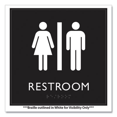 Ada Sign, Unisex Restroom, Plastic, 8 x 8, Clear/White