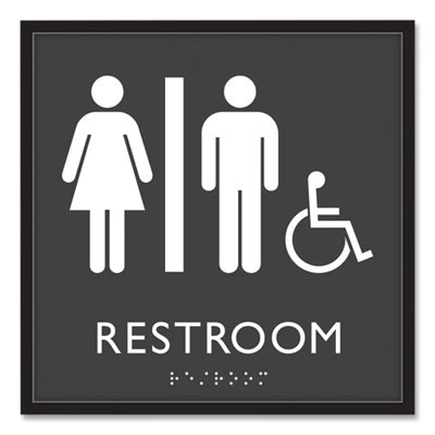 Ada Sign, Unisex Accessible Restroom, Plastic, 8 x 8, Clear/White