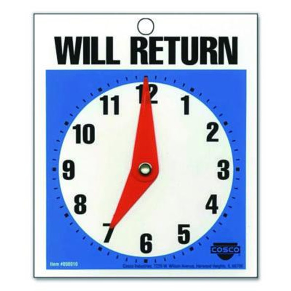 Double-Sided Open/Will Return Sign With Clock Hands, Plastic, 7.5 x 9