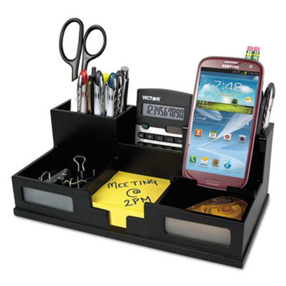 Midnight Black Desk Organizer With Smartphone Holder, 6 Compartments, Wood, 10.5 x 5.5 x 4