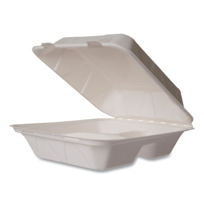 White Molded Fiber Clamshell Containers, Compostable, 3 Compartments, 7.9 x 7.9 x 2.9, White, Sugarcane, 200/Carton
