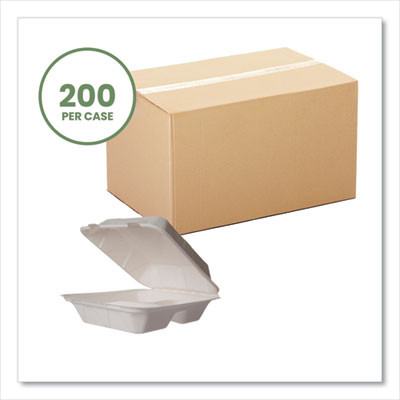 White Molded Fiber Clamshell Containers, Compostable, 3 Compartments, 7.9 x 7.9 x 2.9, White, Sugarcane, 200/Carton