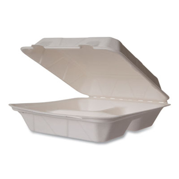 White Molded Fiber Clamshell Containers, Compostable, 3 Compartments, 9 x 18 x 2, White, Sugarcane, 200/Carton
