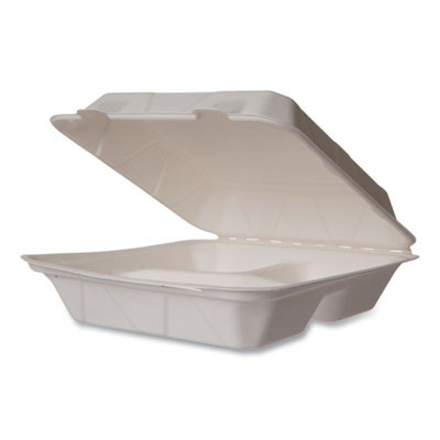 White Molded Fiber Clamshell Containers, Compostable, 3 Compartments, 9 x 18 x 2, White, Sugarcane, 200/Carton