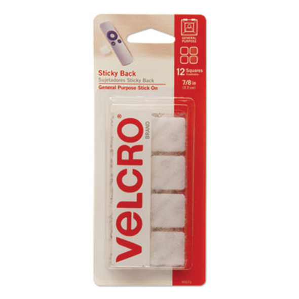 Sticky-Back Fasteners, Removable Adhesive, 0.88" X 0.88", White, 12/Pack