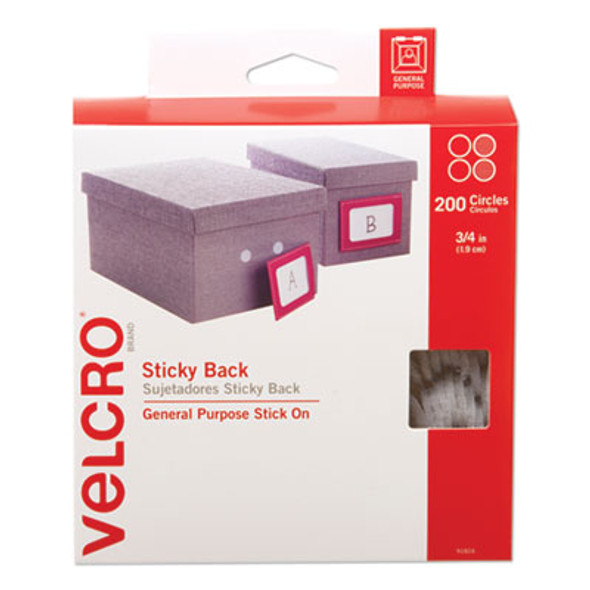 Sticky-Back Fasteners, Removable Adhesive, 0.75" Dia, White, 200/Box