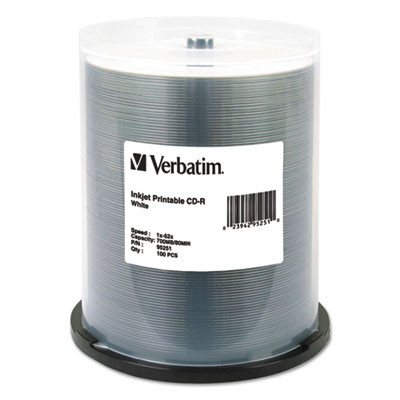 Cd-R Printable Recordable Disc, 700 Mb/80 Minute, 52x, Spindle, White, 100/Pack