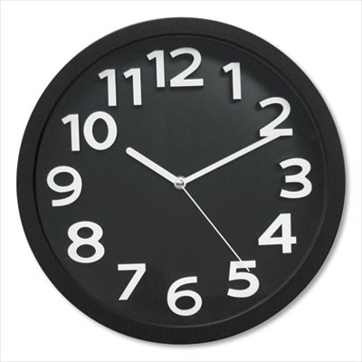 Wall Clock With Raised Numerals And Silent Sweep Dial, 13" Overall Diameter, Black Case, Black Face, 1 Aa (Sold Separately)