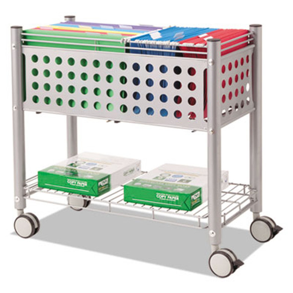 File Cart With Open Top, Metal, 1 Shelf, 2 Bins, 28.25" x 13.75" x 27.38", Matte Gray