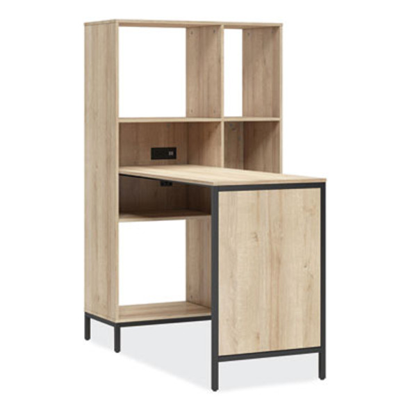 Turing Home Office Workstation With Integrated Bookcase And Power Center, 48.3" x 31.75" x 55.25", Desert Ash/Black