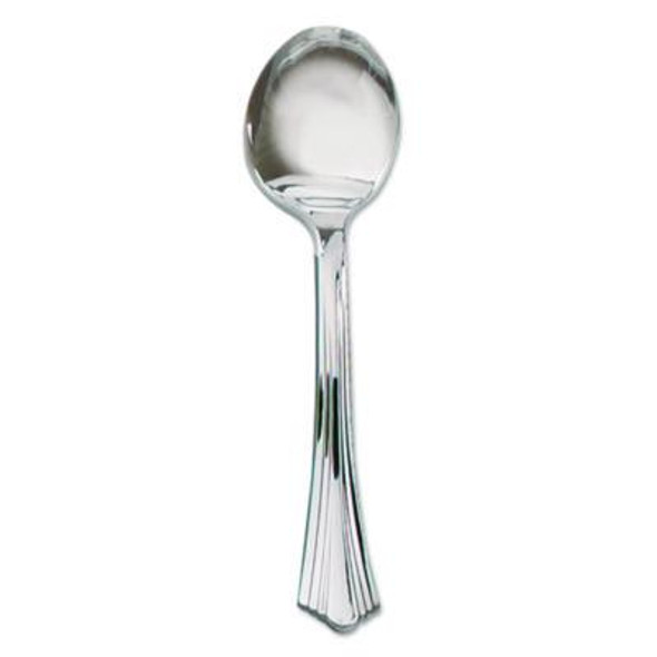 Heavyweight Plastic Soup Spoons, Reflections Design, Silver, 600/Carton