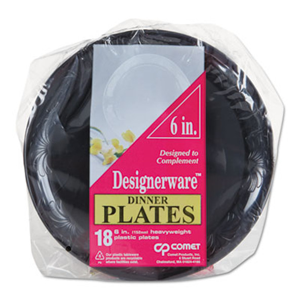 Designerware Plastic Plates, 6" Dia, Black, 10/Pack, 18 Packs/Carton