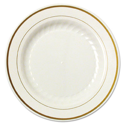 Masterpiece Plastic Plates, 6" Dia, Ivory/Gold, 10/Pack, 15 Packs/Carton