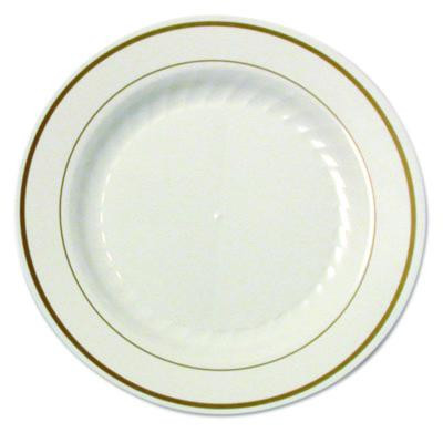 Masterpiece Plastic Plates, 7.5" Dia, Ivory/Gold, 10/Pack, 15 Packs/Carton