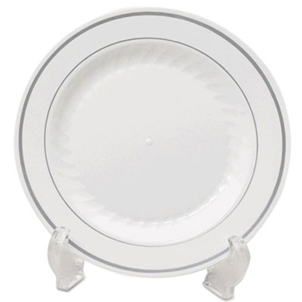 Masterpiece Plastic Dinnerware, Plate, 7.5" Dia, White/Silver, 10/Pack, 15 Packs/Carton