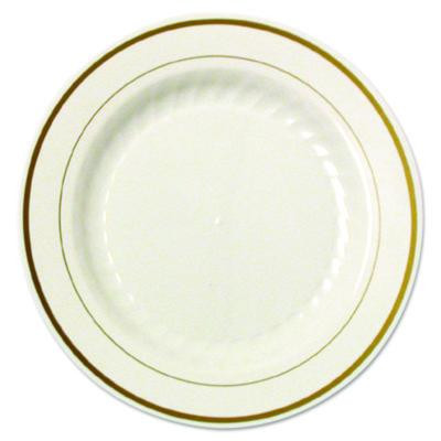Masterpiece Plastic Plates, 9" Dia, Ivory/Gold, 10/Pack, 12 Packs/Carton